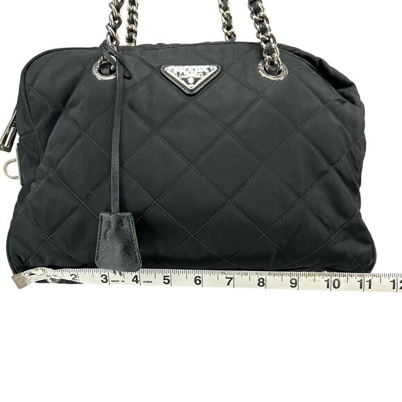 Prada Tessuto Impuntu Shoulder Bag Black Quilted Nylon Chain Leather Strap - Picture 10 of 16